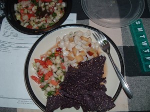 Ceviche with a side of fresh salsa and chips